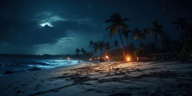 Spiaggia tropicale di notte con palme e bungalow Paesaggio marino AI generativa