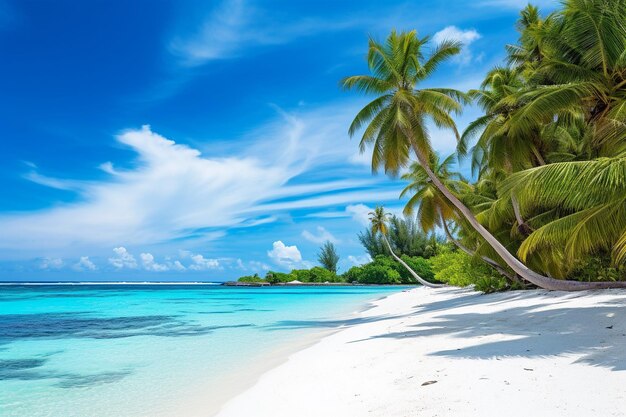 Spiaggia tropicale di palme con rocce e acqua limpida in stile panorama