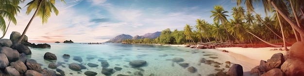 spiaggia tropicale di palme con rocce e acqua limpida nello stile del panorama