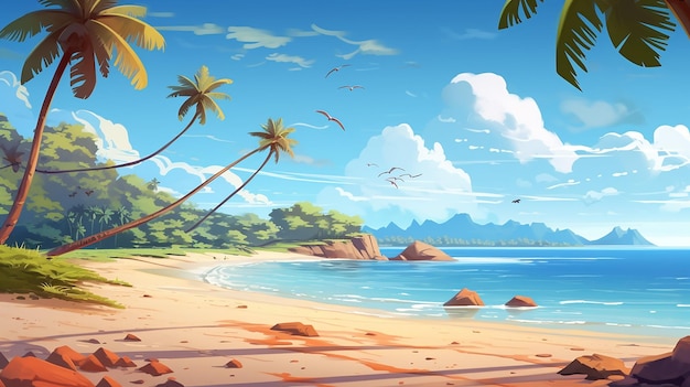Spiaggia tropicale di sabbia con isola sullo sfondo