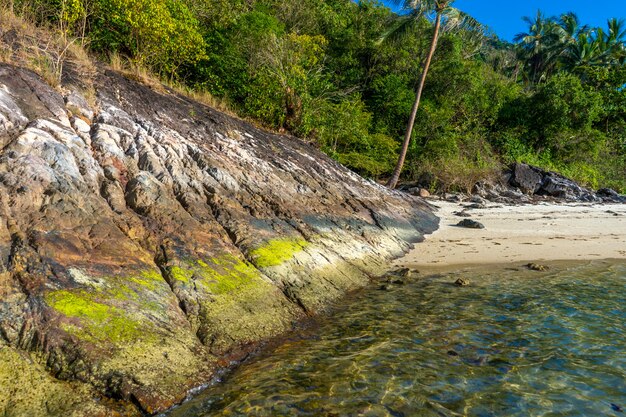 Spiaggia tropicale di sabbia con pietre. Natura pura.