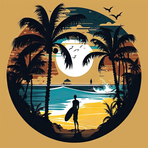 Spiaggia tropicale e uomo surfista silhouette AI generato paesaggio tramonto sfondo vacanze estive viaggi Hawaii surf svago su isole tropicali carta da parati spiaggia con palme surfista sulla spiaggia