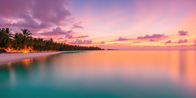 Spiaggia tropicale panoramica al tramonto con palme IA generativa