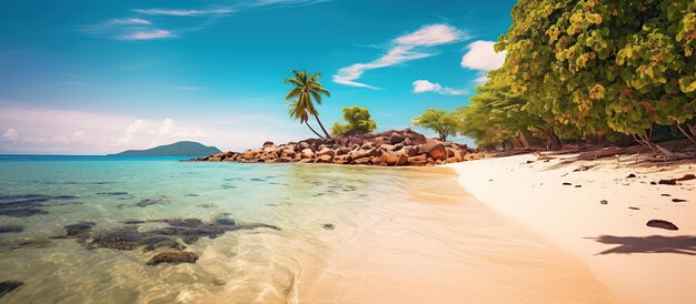 Spiaggia tropicale sabbiosa con isola sullo sfondo