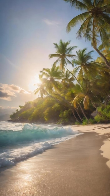 Spiaggia tropicale sfocata con la luce del sole bokeh su uno sfondo astratto delle onde