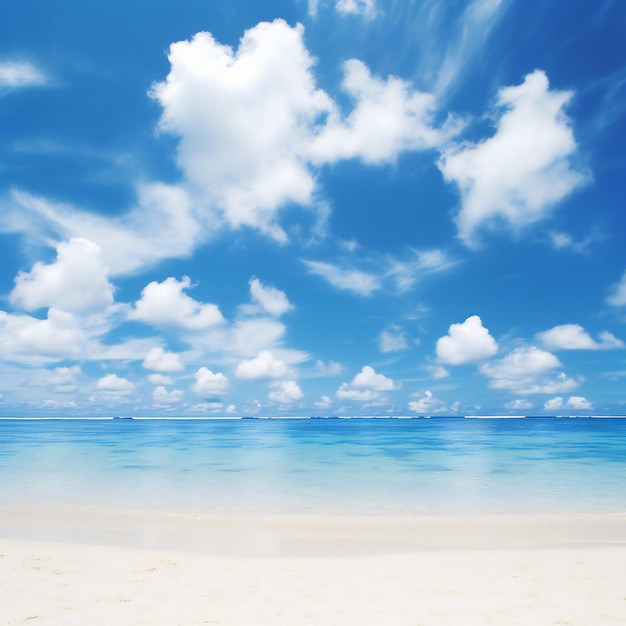 Spiaggia tropicale sotto il cielo blu con nuvole bianche e raggi di sole