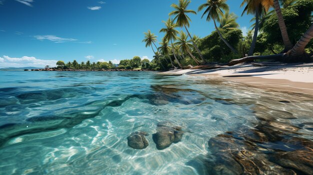 Spiaggia variopinta con albero di cocco e cielo blu nell'isola vergine di st john