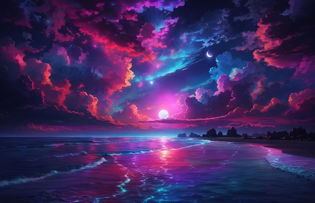 Spiaggia vivida viola e blu di fantasia magica dell'oceano con intelligenza artificiale al chiaro di luna