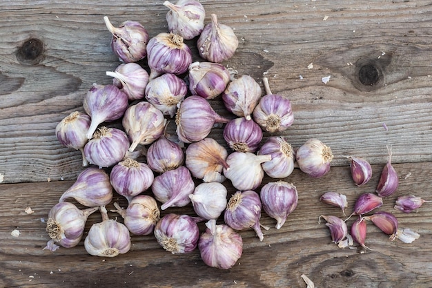 Spicchi d'aglio su sfondo vintage in legno Piantine per piantare aglio