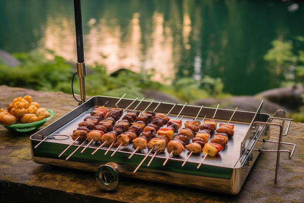 Spicchi da griglia su barbecue portatile in un luogo di picnic creato con AI generativa