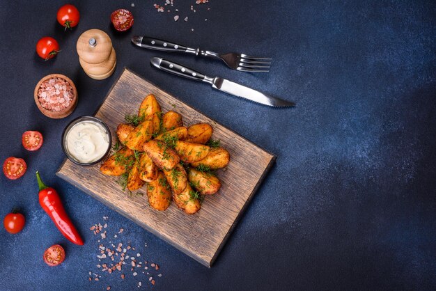 Spicchi di patate al forno con formaggio ed erbe aromatiche e salsa di pomodoro su fondo scuro