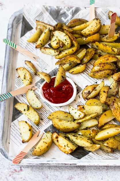 Spicchi di patate con ketchup su un vassoio