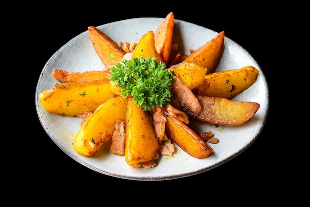 spicchi di patate rustici con pancetta su sfondo nero vista laterale