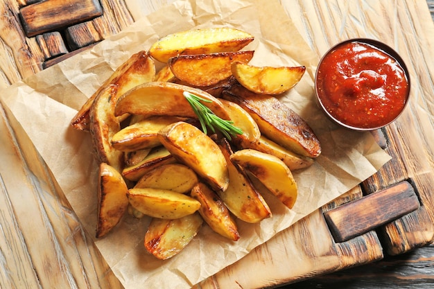 Spicchi di patate saporiti e salsa di pomodoro su tavola di legno