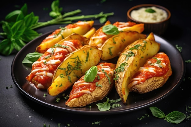 Spicchi di patate vegani biologici con erbe di formaggio e salsa di pomodoro su verdure fatte in casa su sfondo nero