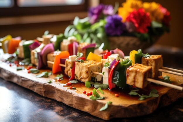 Spicchi di tofu su tavola di cedro con verdure colorate create con AI generativa