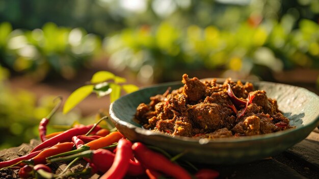 Spicy Beef Rendang con Extra Chili contro una vivace fattoria di chili