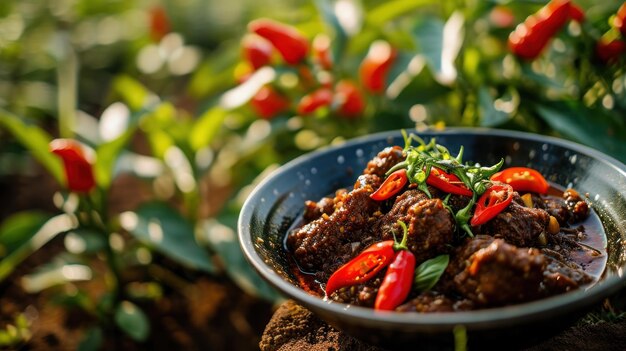 Spicy Beef Rendang con Extra Chili contro una vivace fattoria di chili