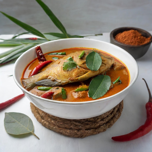 Spicy Fish curry_Seer fish curry tradizionale indiano fish curry sfondo bianco