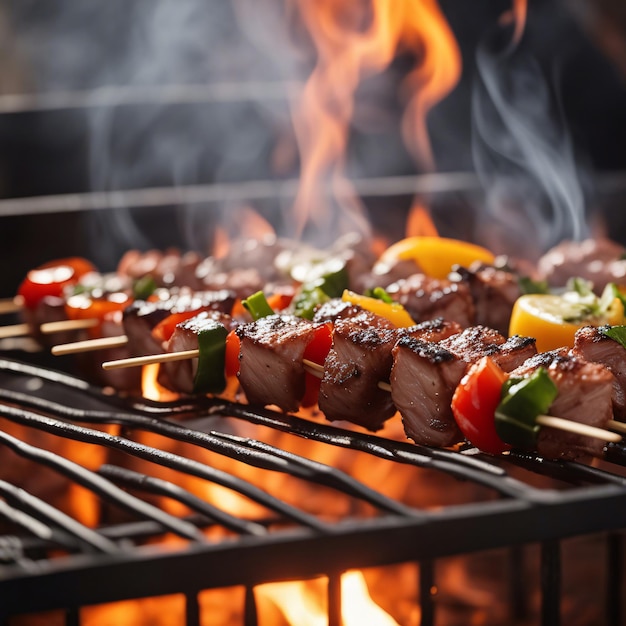 Spiedini al barbecue, spiedini di carne con verdure sulla griglia fiammeggiante