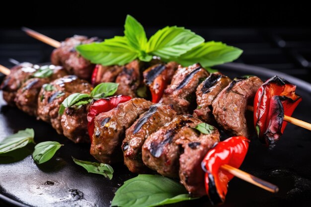 Spiedini di agnello su spiedini guarniti con foglie di basilico