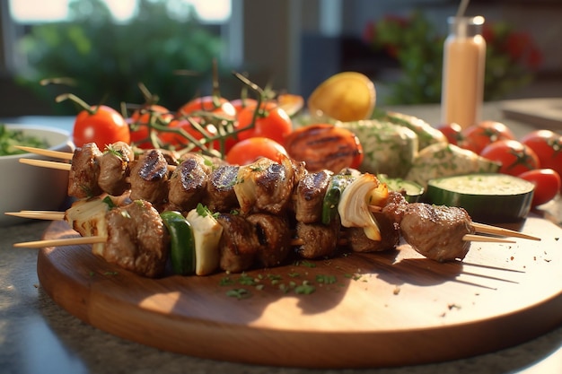 Spiedini di carne alla griglia shish kebab su sfondo nero vista dall'alto