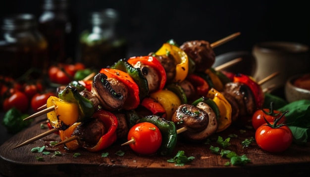 Spiedini di carne alla griglia su piatto di legno pasto gourmet generato dall'intelligenza artificiale