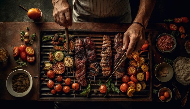 Spiedini di carne alla griglia su tavola di legno rustica generata da AI