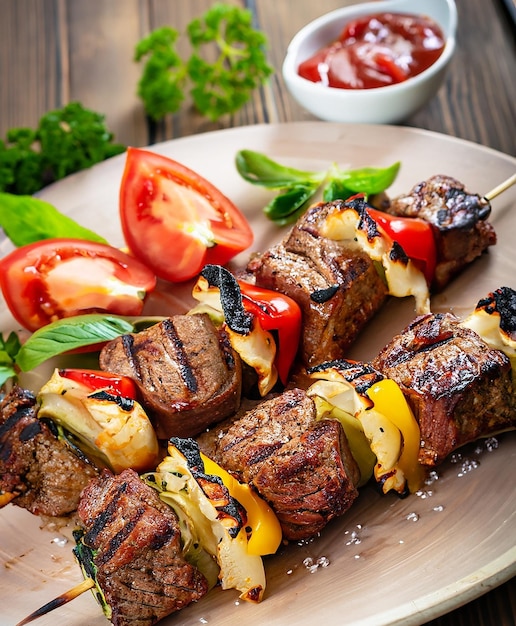 Spiedini di carne carne alla griglia con verdure su fondo di legno