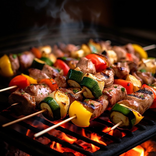 Spiedini di carne e verdure sfrigolanti alla griglia xA