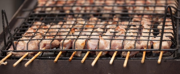 Spiedini di carne souvlaki alla griglia Primo piano banner vista frontale con dettagli