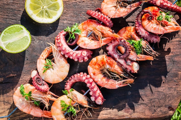 Spiedini di frutti di mare freschi con limone e prezzemolo in giardino