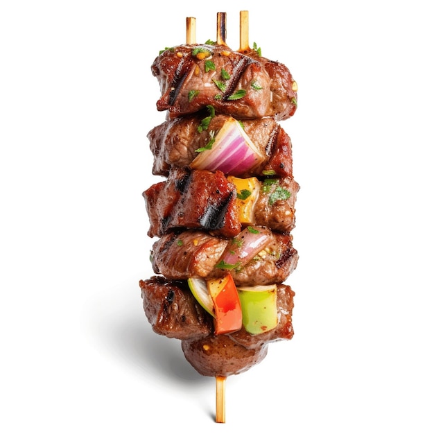 Spiedini di montone arrosto BBQ kebab isolati su sfondo bianco
