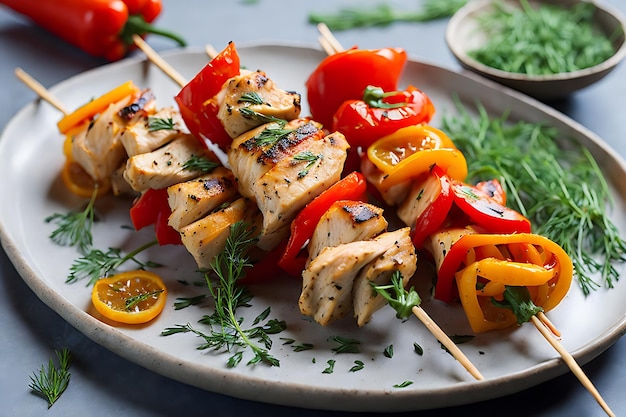 Spiedini di pollo con fette di peperoni e aneto.