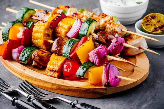 Spiedini di pollo e verdure grigliate con mais dolce paprika zucchine cipolla pomodoro e funghi su un piatto di legno