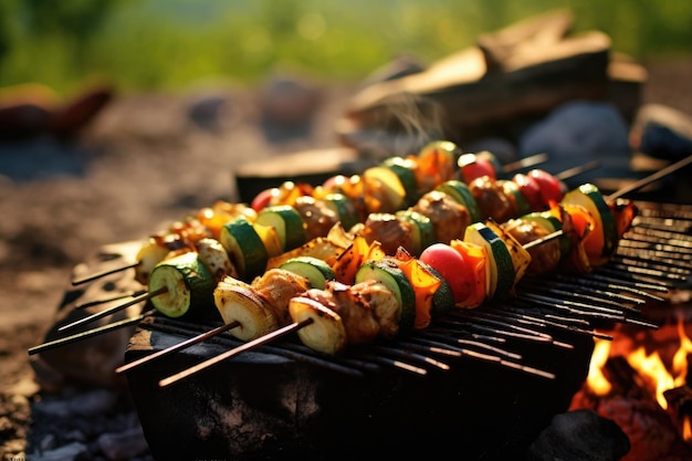 Spiedini di verdure grigliate che sfrigolano su un barbecue in natura creato con l'IA generativa