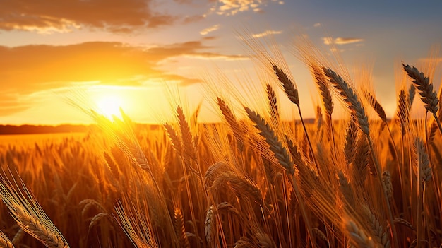 spighe di grano gialle al tramonto in natura