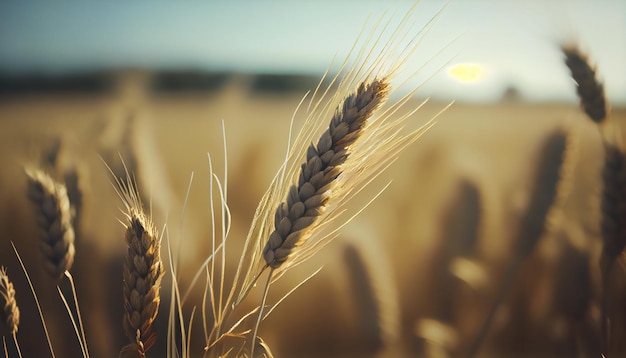 Spighe di grano mature dorate sulla natura nel campo estivo al tramonto raggi di sole macro del primo piano