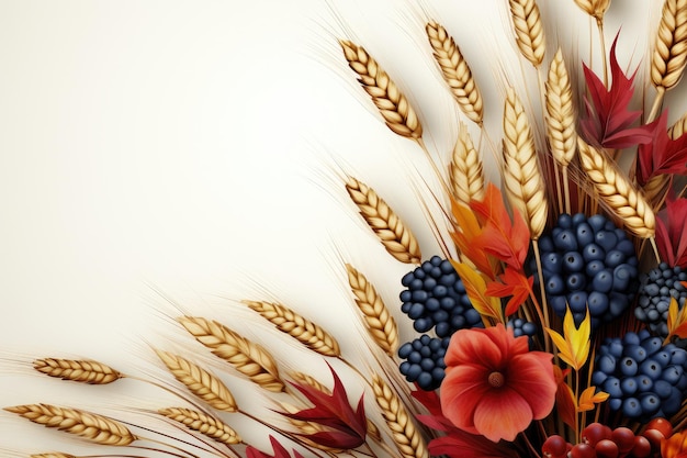 Spighe di grano, uva e fiori lungo il bordo di uno sfondo bianco Carta di ringraziamento