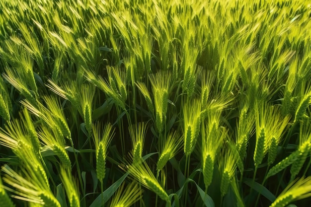 Spighe verdi di cereali nel campo Sfondo verde