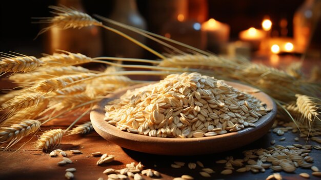 Spikelets di grano e ciotola con farina d'avena su tavolo di legno