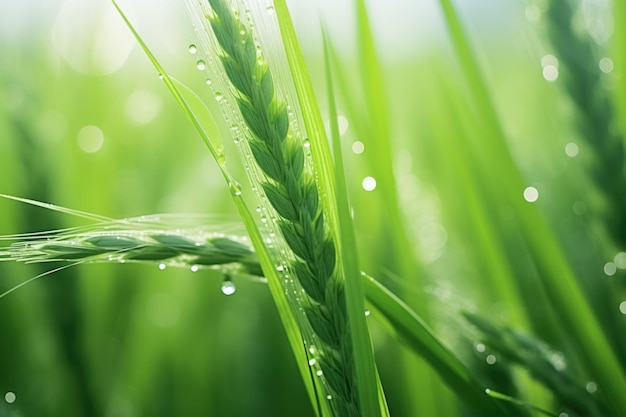 Spikelets verdi di un campo di grano dopo la pioggia macro sparatura