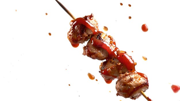 Spillo di carne alla griglia spruzzato con salsa filmato congelato Ideale per blog culinari e ricette Sbucco delizioso e appetitoso Fotografia ad alta velocità AI
