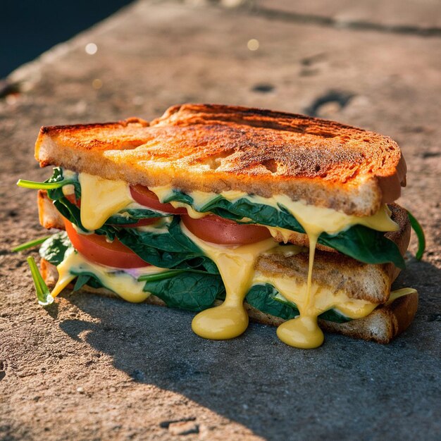 spinaci al formaggio alla griglia e panino al pomodoro su uno sfondo di cemento