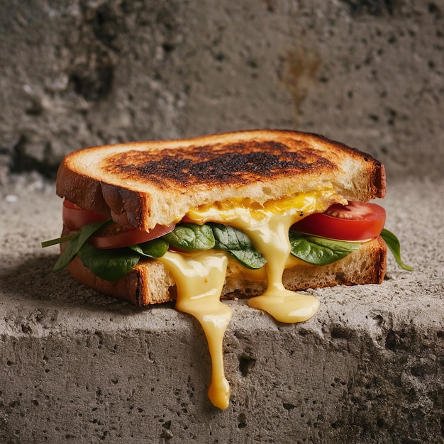 spinaci al formaggio alla griglia e panino al pomodoro su uno sfondo di cemento