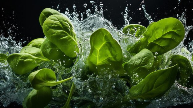 Spinaci freschi che cadono in acqua