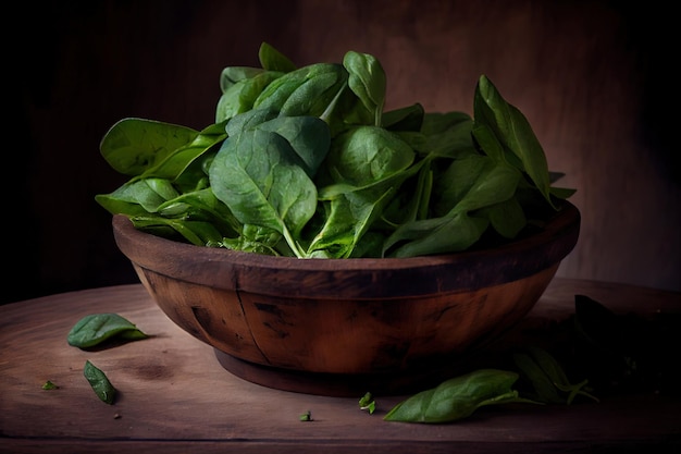 Spinaci giovani in ciotola di legno