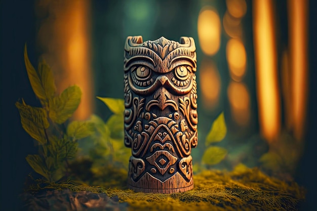 Spiriti della foresta totem in legno idolo testa di dio maschera tiki nella foresta su sfondo sfocato