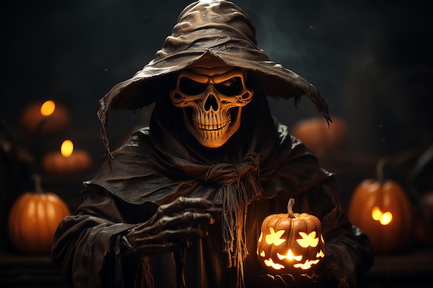 Spirito di Halloween dello scheletro inquietante con cappello da strega e lampada di zucca