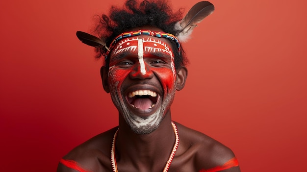 Spirito gioioso Uomo aborigeno australiano che irradia felicità e gioia Isolato contro uno sfondo solido con spazio per copiare